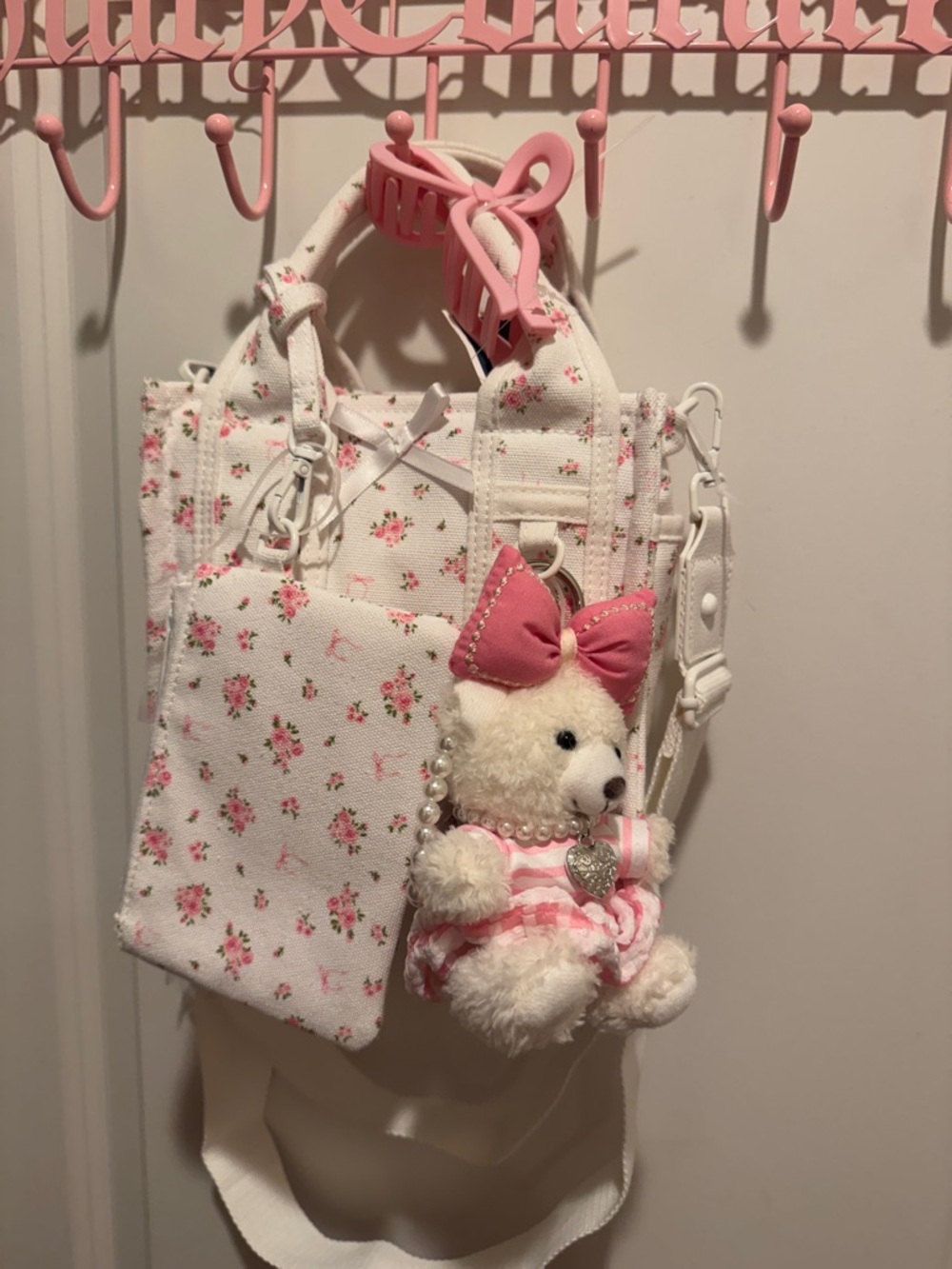 Madden Girl Floral Crossbody Bag with Plush Bear Charm - Pink